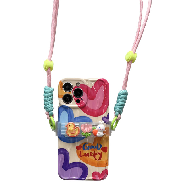 Dust Proof Phone Case for iPhone 11 14 13 15 Pro Max Love Heart Back Clip Lanyard Bracket Chain Phone Cover with Crossbody Strap