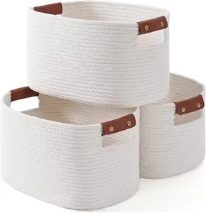 Panier de rangement tissé en corde de coton-Grand panier en corde de coton avec poignées durables Panier à linge pliable