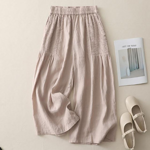 High Waist Cotton Linen Wide Leg Pants With Pockets For Women Casual Spring Summer Style Pink Gray Blue White - Product Image 1