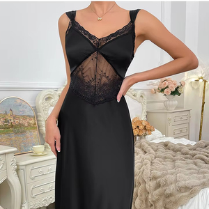 ชุดนอนซีทรูผ้าซาตินสีพื้นแต่งลูกไม้แฟชั่นใหม่ ชุดเดรสยาวสำหรับผู้หญิง - Product Image 1