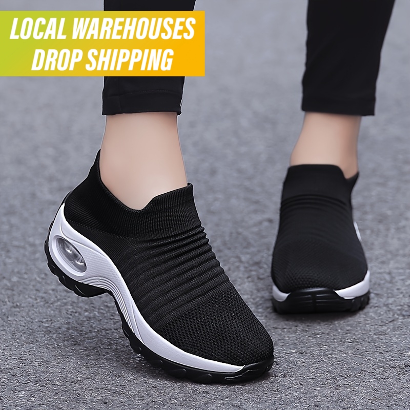 Dropshipping Women's Fashion Tennis Shoes Breathable Mesh Upper Fly Knit Fabric Height-Increasing Slip-On Outdoor Sneakers