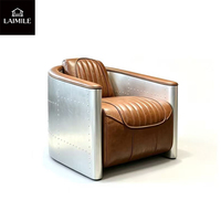 Fauteuil Aviateur Rétro Industriel avec Cadre en Métal Riveté et Revêtement en Cuir Véritable, Canapé Simple, Meuble de Décoration Intérieure