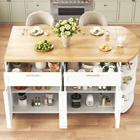 Îlot de cuisine ovale sur mesure en chêne blanc avec comptoir en MDF, armoire de rangement, tiroirs, étagères ouvertes, bar à petit-déjeuner autoportant