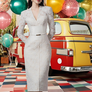 Robe maxi en dentelle patchwork de luxe légère et personnalisée, nouvelle collection automne, style élégant, cintrée à la taille, classique, lavable, non tissée - Product Image 2