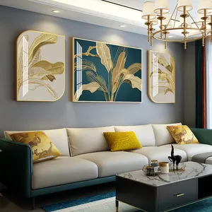 Living Room Decoration Triptych Blue-Green Painting Crystal Porcelain Picture With Metal Frame Modern Luxury Sofa Background Wal