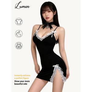 Lingerie rouge sexy avec bretelles à nœud papillon, chemise de nuit en dentelle et tissu transparent, pyjama confortable - Product Image 1