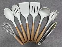 MANJIA-Ustensiles de cuisine antiadhésifs en silicone, manche en bois résistant à la chaleur, spatule, louche à soupe, service à pâtes
