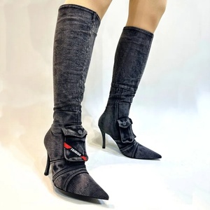 Women Thin High Heel Long Booties Sexy Point Toe Party Knee High Denim Boots Double Pockets Sewing Zipper <b>Shoes</b> - Product Image 4
