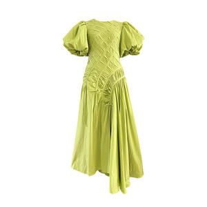 Vestito estivo di alta qualità da donna di nuovo stile elegante francese semplice abito lungo a sbuffo con collo rotondo elegante plissettato elegante abito da festa - Product Image 5