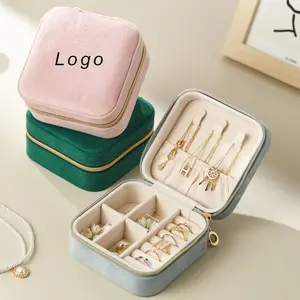 Minimal pesanan pesanan pesanan khusus penyusun perhiasan Logo kotak hadiah biru kustom Logo merah muda kecil persegi perjalanan hijau beludru kotak perhiasan