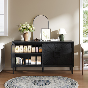 Premium Rustic American Farmhouse Credenza 60 In Black Symmetrical Sunburst Door Design Heavy Duty TV Stand - Product Image 4
