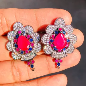 Hoa tai bạc thanh lịch với màu đỏ tự nhiên Ruby Màu xanh sapphire July Birthstone chữa bệnh đá quý mạ Vàng austrian pha lê điểm nhấn - Product Image 6