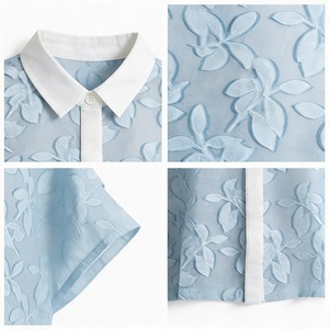 Wholesale Women's Floral Jacquard Chiffon <b>Blouse</b> Short Sleeve Button Down Shirt Light Blue <b>Sheer</b> Elegant Summer Top - Product Image 3