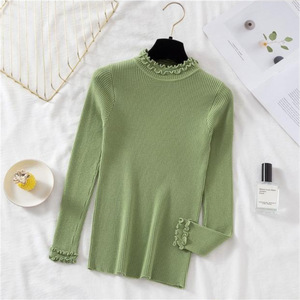 Venta al por mayor Otoño e Invierno Nuevo Slim-Fit Medio cuello alto Suéter Mujer Manga larga con borde de volantes apretado Camiseta de punto - Product Image 4