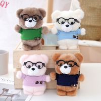 Porte-clés ours en peluche avec lunettes et nœud mignon QQ, vente en gros, mini jouet animal en fourrure douce dessin