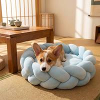 Coussin pour chien et chat tressé à la main, forme donut apaisante, rembourrage en coton respirant, amovible et lavable, écologique, couleur macaron