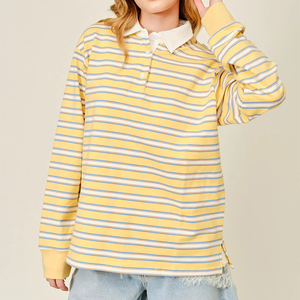 <span class=keywords><strong>Polo</strong></span> rayé oversize à manches longues et col contrastant jaune et <span class=keywords><strong>blanc</strong></span> avec fentes latérales pour <span class=keywords><strong>femme</strong></span> - Product Image 6