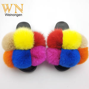 2022 luxe dames réel Rex lapin fourrure pompons EVA semelle extérieur Pompon Furball sandales mode naturel fourrure de renard pantoufles - Product Image 6