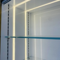Vitrine haute en acier inoxydable plaqué titane avec garniture dorée, verrouillable, éclairage LED et étagères réglables pour centre commercial