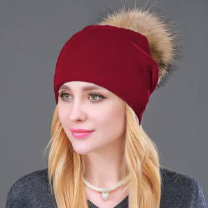 Nouveau <span class=keywords><strong>bonnet</strong></span> en tricot d'hiver pour femmes, mode, véritable fourrure de raton laveur, <span class=keywords><strong>pompon</strong></span>, <span class=keywords><strong>bonnet</strong></span> en <span class=keywords><strong>cachemire</strong></span> et laine, <span class=keywords><strong>bonnet</strong></span> ample - Product Image 3