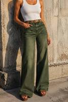Jean pour femme taille haute, coupe large, vert olive, grandes poches plaquées, ourlet brut, délavage vintage, style baggy