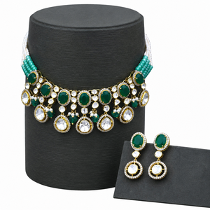Elegant 925 <b>Silver</b> Necklace and Earrings Set with Green and White Beads Traditional Indian Bridal Jewelry for Women - Product Image 2