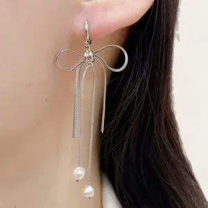 New Arrivals Silver Threader Tassel Long Snake Chain Bow Tie Pearl Hooks Hoop Dangle Drop Earrings