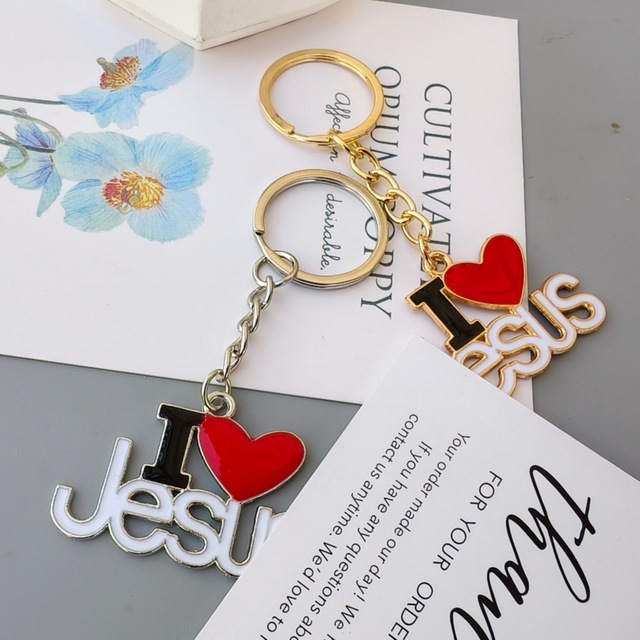 Fashionable Wrist Key Holder Accessory Gold Color I love Jesus Keychain Heart Pendant Alloy Religious Gifts Jewelry for Believer