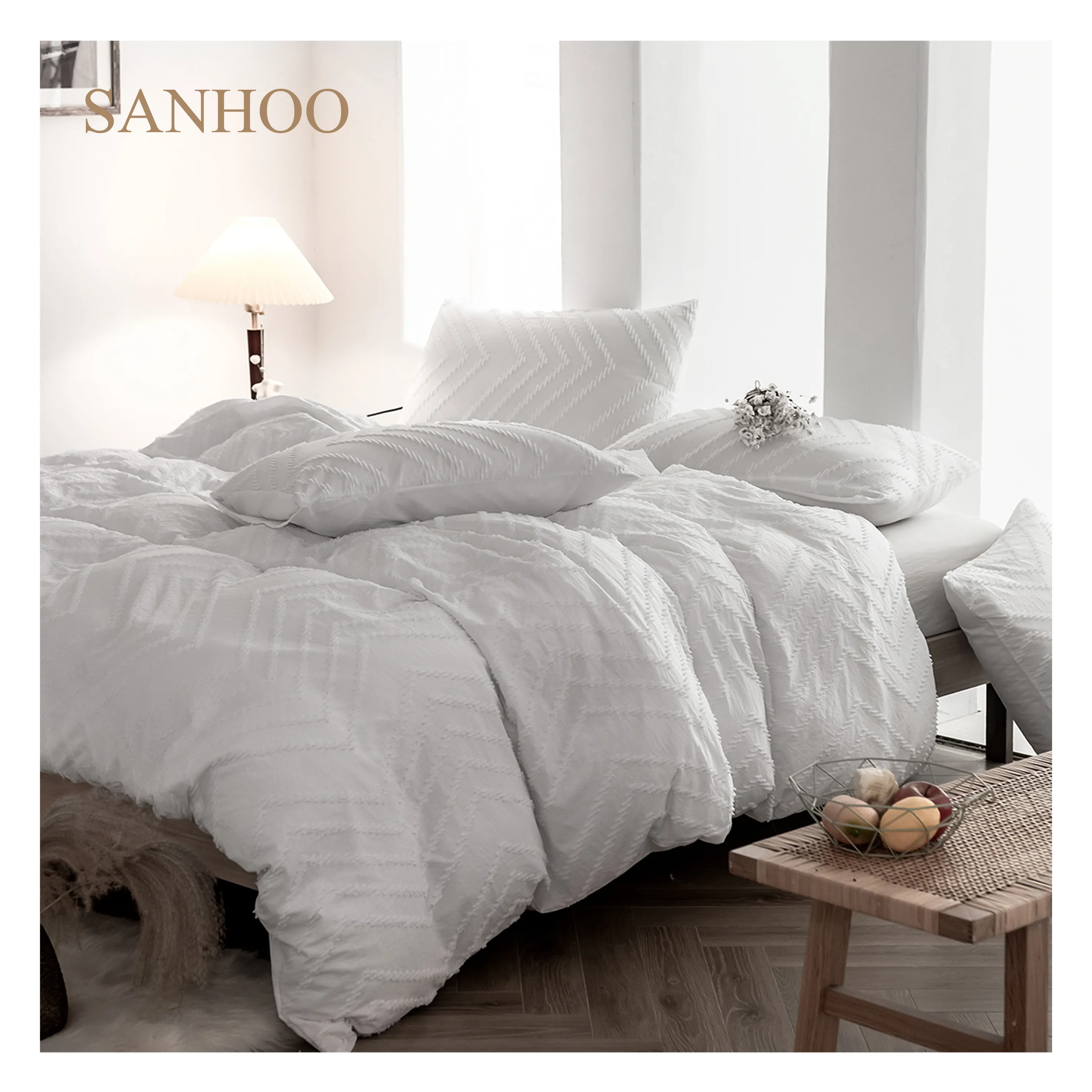 SANHOO Hotel a cinque stelle all'ingrosso 100% cotone biancheria da letto di lusso lenzuolo bianco trapunta ricamo biancheria per Hotel