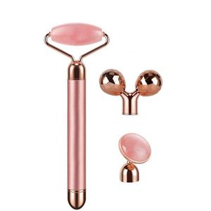 Produits de massage Rouleau de massage vibrant en quartz rose naturel et jade pour le visage - Product Image 1