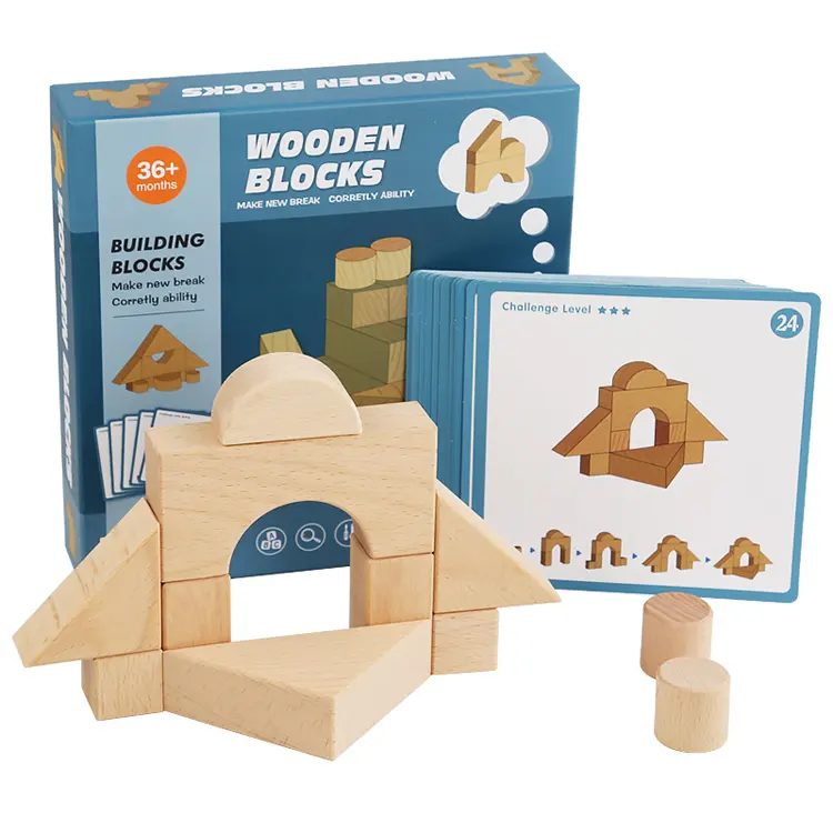 शैक्षिक स्टैकिंग ईंट निर्माण खिलौना तार्किक सोच लकड़ी के ज्यामितीय महल भवन ब्लॉक सेट