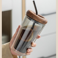 Gobelet en verre borosilicate à double paroi isolé avec paille et couvercle en bois - 500 ml, compatible lave-vaisselle et micro-ondes, cadeau haut de gamme pour la maison