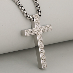 Cruz de Acero Inoxidable Unisex con <span class=keywords><strong>Runas</strong></span> Nórdicas Vikingas, Estilo Europeo Americano, Pulido, con Bambú - Product Image 2