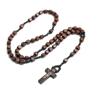 Kalung Rosario Salib Katolik Manik-manik Rosario Tenun Manik-manik Coklat Tua Salib Kayu Kalung Yesus Doa Beads Perhiasan