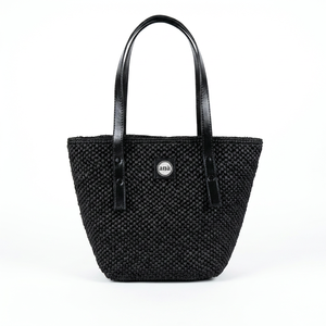 Sac fourre-tout en paille tressée Ana noir avec deux poignées en cuir, ouverture supérieure, style minimaliste, toutes saisons, sac de shopping décontracté en polyester - Product Image 1