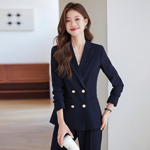 Women's Navy Blue Suit Set Double Breasted Solid Color Anti-Wrinkle Polyester Casual Wear For Office And Interviews - Product Image 2