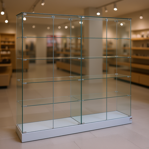 Showcase Tempered Glass 145x46x180 Cm <b>Light</b> Grey 2+2 <b>Hinged</b> Lockable Doors 4+4 Shelves Base With Hidden Castors - Product Image 3