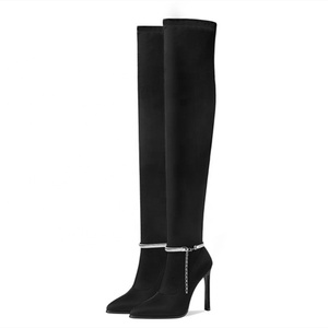 Solid Fashion <b>Boots</b> for Lady's Elegant Long High Heel Over Knee <b>Boots</b> Ankle Chain Strap Pointy Toe Shoes Winter Autumn Size 43 - Product Image 2