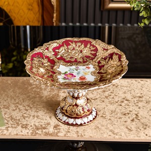 Luxury Red Gold Embossed Floral Bone China Pedestal Fruit Bowl Set Baroque Style Serving Platter - Product Image 3