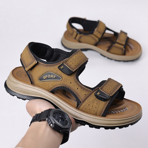 รองเท้าแตะหนังผู้ชายแบบเวลโคร พื้นหนา รองเท้าชายหาดกลางแจ้ง สีน้ำตาล ดำ เหลือง สำหรับผู้ใหญ่ สไตล์ลำลอง สปอร์ต - Product Image 4