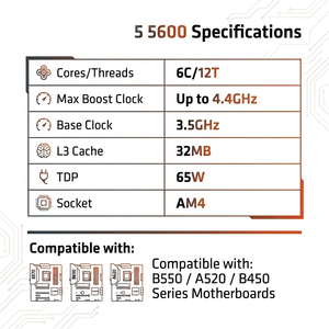 โปรเซสเซอร์เดสก์ท็อปแบบขายส่ง R5 5600 6-Core 12-Thread 3.5GHz 65W CPU - รุ่น Tray ประสิทธิภาพสูง 7nm โปรเซสเซอร์ CPU รุ่น 5600 สำหรับซ็อกเก็ต a - Product Image 6