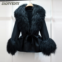 JANVENY Nouvelle Veste en Laine pour Femme avec Col et Poignets en Vraie Fourrure de Mouton de Mongolie, Manteau Trench en Cachemire Mi-Long Slim avec Ceinture pour l'Hiver