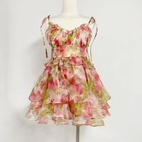 Vente en Gros de Vêtements pour Femmes d'Été à Lacets Bretelles Noeud Imprimé Robes Courtes de Princesse
