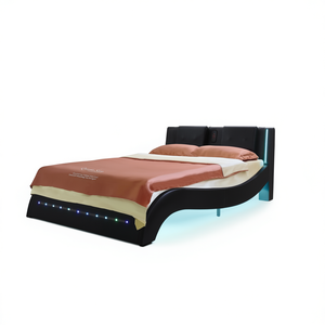 Base de Cama Queen Size con Plataforma de Cuero Sintético, Iluminación LED, Función de Masaje y Soporte de Láminas de Madera, Color Negro - Product Image 1