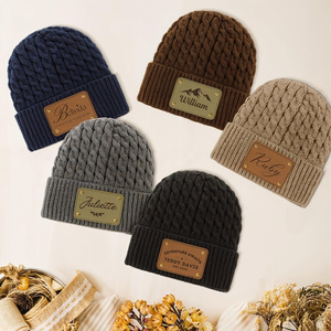 Personalised Logo Unisex Travel Hiking Hat Warm Woven Knit Winter Cap Custom Engraved Laserable Leatherette Blank Patch Beanie