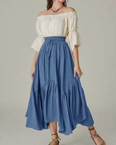 Falda Larga <span class=keywords><strong>de</strong></span> Verano para <span class=keywords><strong>Mujer</strong></span>, Estilo Bohemio, Cintura Alta, con Volantes, Cintura Elástica con Cordón, Color Sólido, Estilo Línea A - Product Image 6