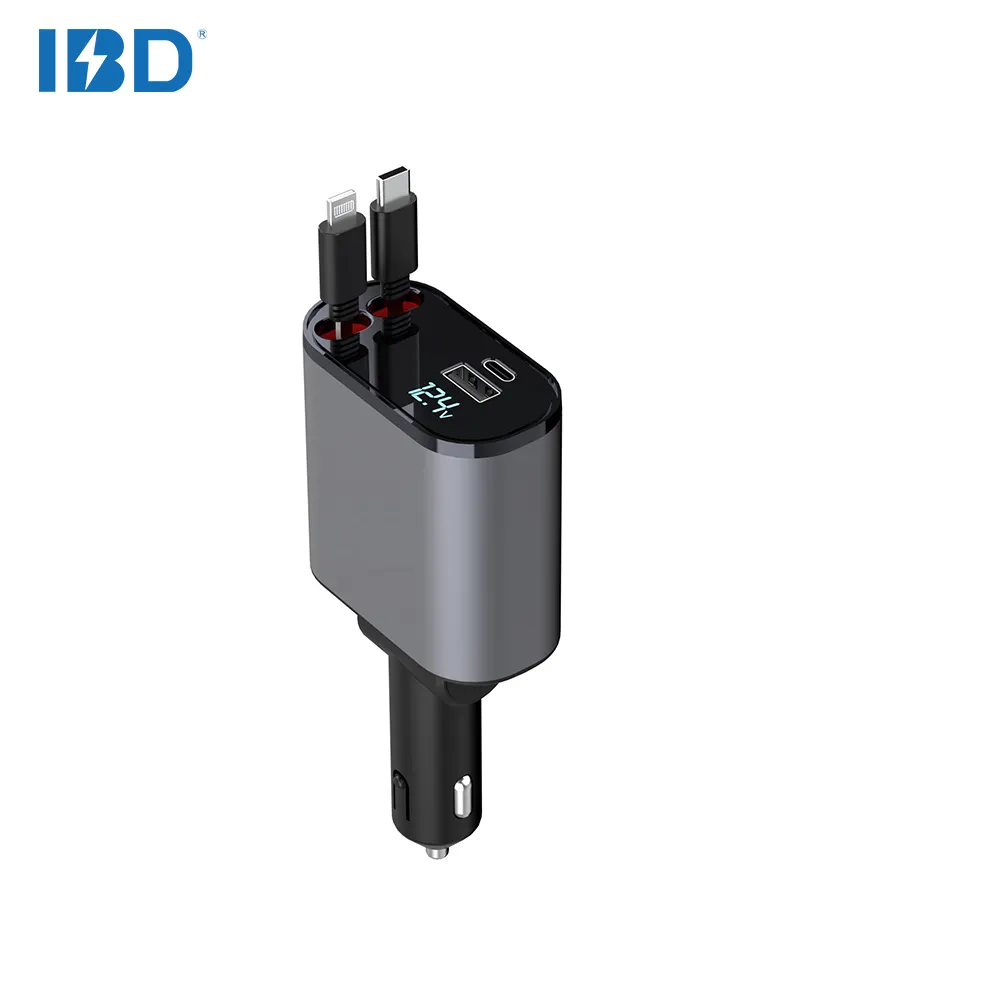 IBD 4 en 1 cargadores cables retráctiles de coche y Puerto PD USB C 12V carga rápida 60W 100W 120W cargador de coche para iPhone