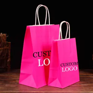 Tas Tote belanja pesta ulang tahun kemasan hadiah Festival pasokan Tiongkok tas belanja Kraft merah muda dapat disesuaikan kertas dengan pegangan