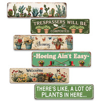 Insegna Lunga in Metallo a Tema Giardino con Grafica di Cactus, Fiori e Farfalle, Decorazione Murale per Giardinaggio