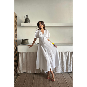 Vestido de Lino con Cuello en V y Botones al Frente, Color Blanco, Estilo Casual - Product Image 3